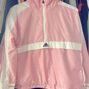 Adidas pink and white windbreaker jacket with hood.